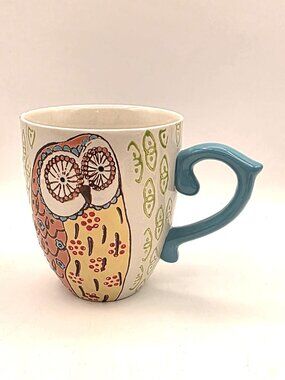 Dutch Wax Hand Painted Coffee Tea Mug Cup Owl Bird Embossed Floral Folk Art